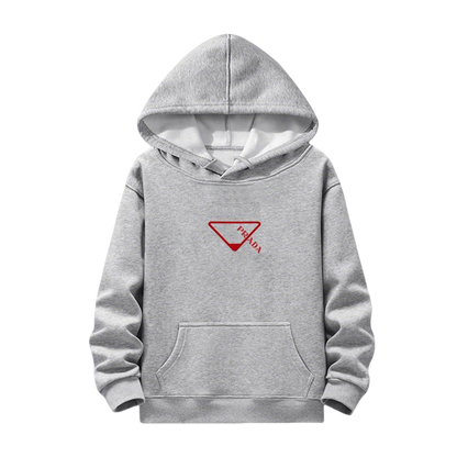 Prada Gray Hoodie With Iconic Red Triangle Logo And Cozy Hooded Design