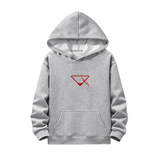 Prada Gray Hoodie With Iconic Red Triangle Logo And Cozy Hooded Design