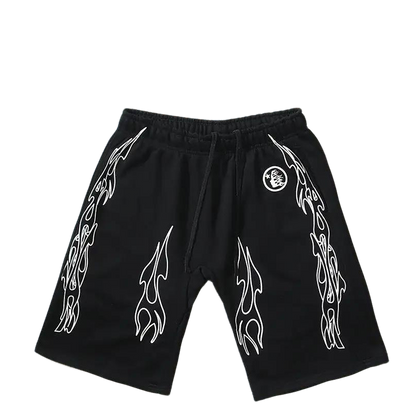 Hellstar Men's Black Drawstring Shorts with White Flame Graphics