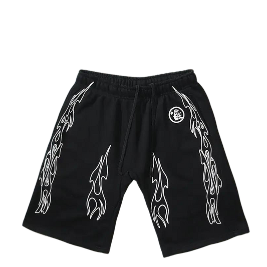 Hellstar Men's Black Drawstring Shorts with White Flame Graphics