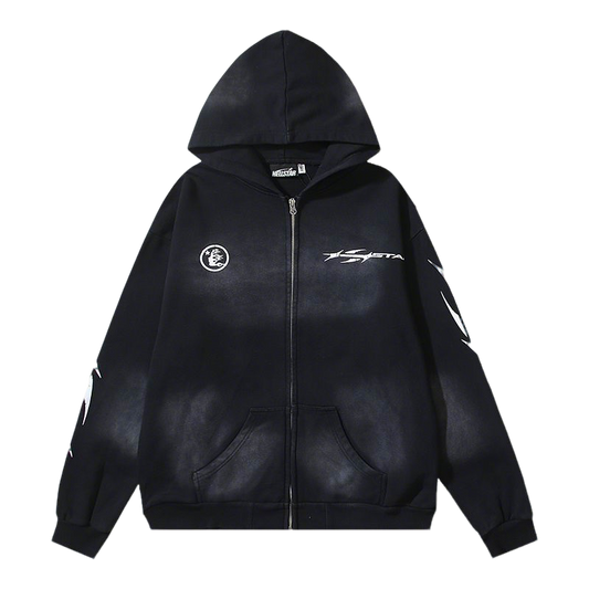 Black Hooded Zip - Up Jacket With Hellstar Graphics And Details