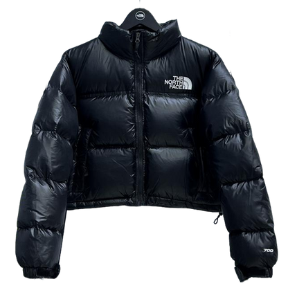 The North Face Black Glossy Cropped Nuptse Puffer Jacket For Winter Warmth