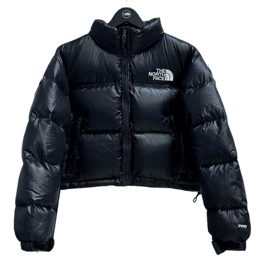 The North Face Black Glossy Cropped Nuptse Puffer Jacket For Winter Warmth