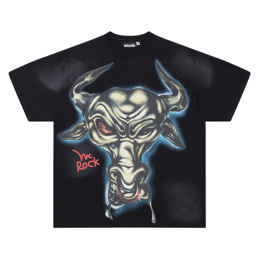 Hellstar Black T Shirt With Bull Head Graphic And We Rock Print