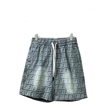 Fendi Men's Gradient Gray FF Logo Patterned Drawstring Shorts