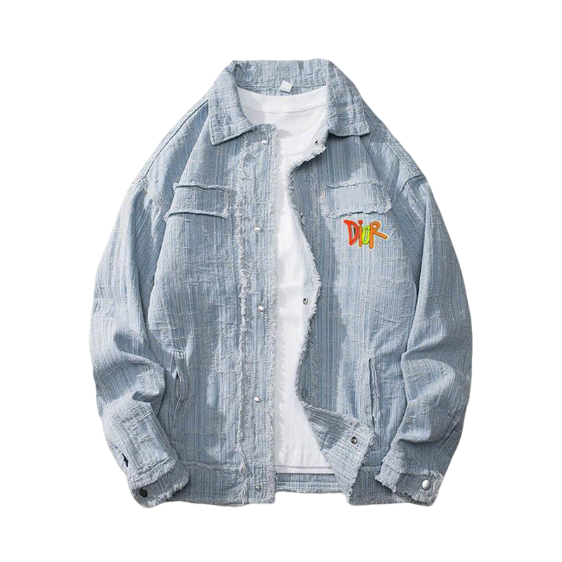 Dior Light Blue Distressed Denim Jacket With Colorful Embroidered Logo
