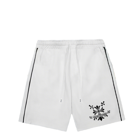 Chrome Hearts Style White Drawstring Shorts With Black Cross Logo