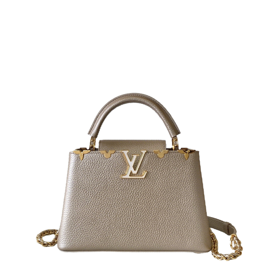 Elegant Louis Vuitton Capucines Mini Bag in Beige Grained Leather with Gold Accents