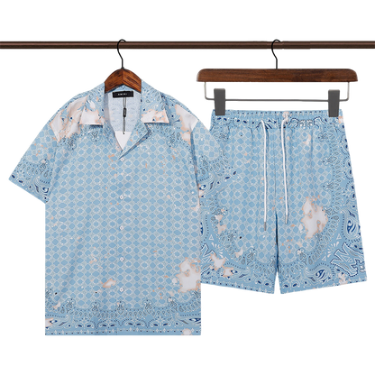 Men's AMIRI Light Blue Patterned Short - Sleeve Shirt And Shorts Set