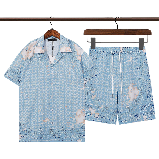 Men's AMIRI Light Blue Patterned Short - Sleeve Shirt And Shorts Set