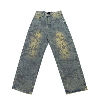 Balenciaga Unisex Jeans With Artistic Pattern And Vintage Wash