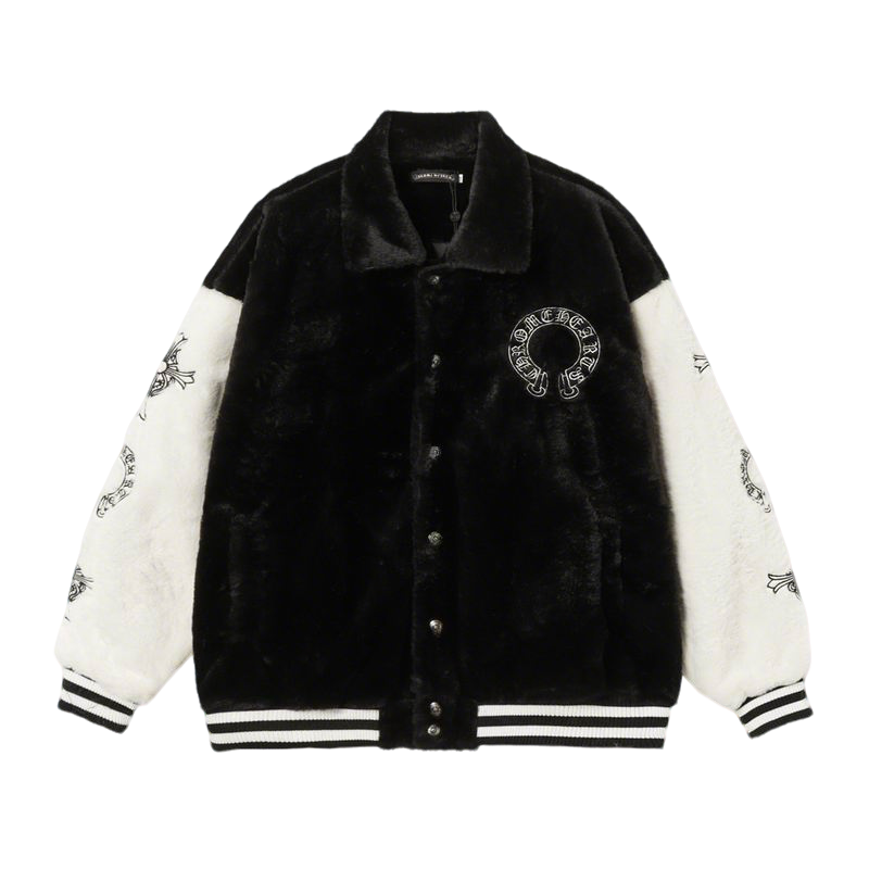 Chrome Hearts Inspired Faux Fur Varsity Jacket with Embroidered Details