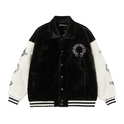 Chrome Hearts Inspired Faux Fur Varsity Jacket with Embroidered Details