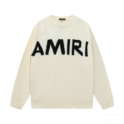 Amiri Men's Cream Crew Neck Knitted Sweater With Distressed Details