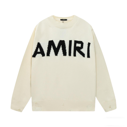 Amiri Men's Cream Crew Neck Knitted Sweater With Distressed Details
