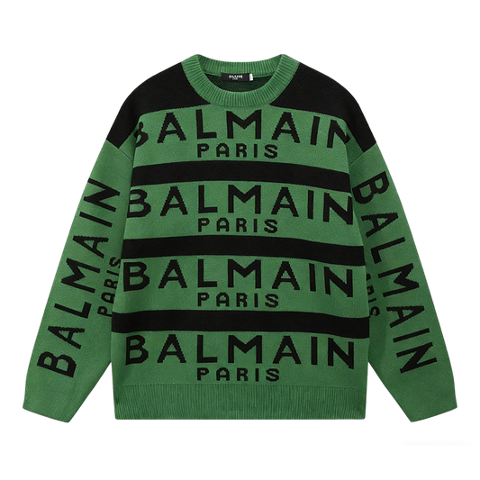 Balmain Green And Black Crew Neck Sweater With Brand Logo Print