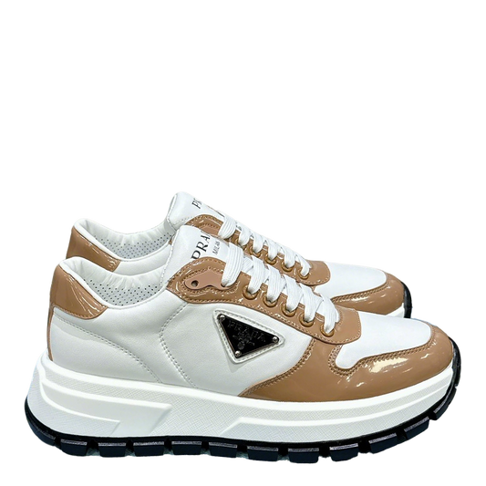 Unisex Prada White And Brown Chunky Platform Sneakers With Triangle Logo