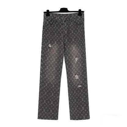 Louis Vuitton Men's Grey Monogram Denim Jeans With Distressed Details