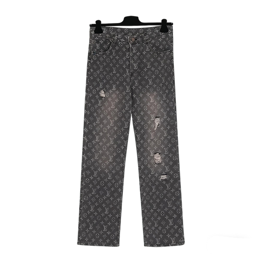 Louis Vuitton Men's Grey Monogram Denim Jeans With Distressed Details