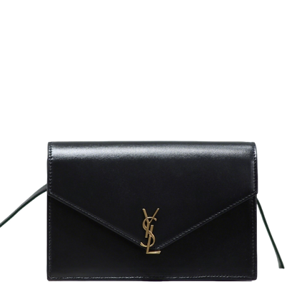 YSL VOLTAIRE Black Leather Envelope Crossbody Bag with Gold Logo 785281