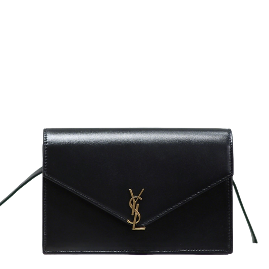 YSL VOLTAIRE Black Leather Envelope Crossbody Bag with Gold Logo 785281