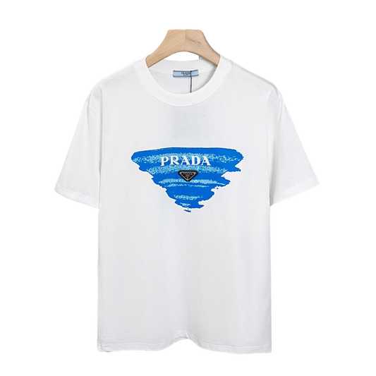 Prada White/Black Tee With Blue Graphic Logo For Modern Luxury Casual Looks