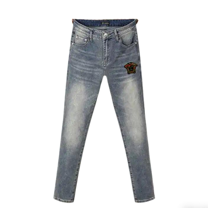 Versace Men's Light Wash Denim Jeans With Signature Embroidered Detail