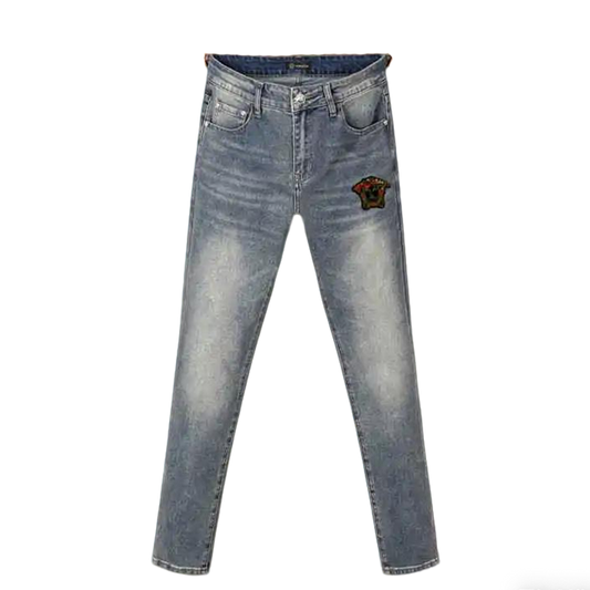 Versace Men's Light Wash Denim Jeans With Signature Embroidered Detail