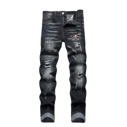 Philipp Plein Men's Distressed Denim Jeans With Skull Patch And Edgy Style