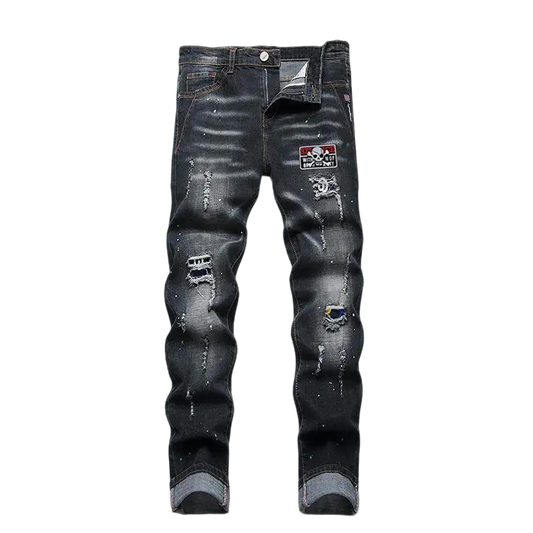 Philipp Plein Men's Distressed Denim Jeans With Skull Patch And Edgy Style