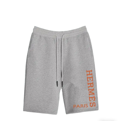 Hermès Men's Grey Drawstring Shorts with Orange Brand Print