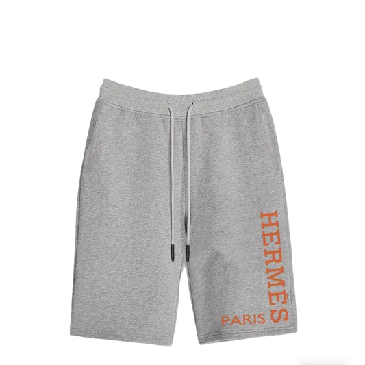 Hermès Men's Grey Drawstring Shorts with Orange Brand Print