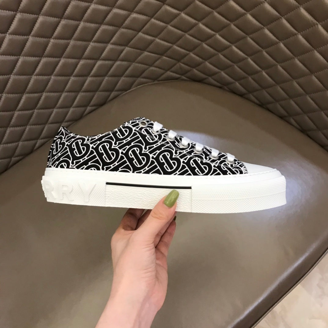 Burberry Unisex Black White Monogram Canvas Sneakers Fashionable Versatile Footwear For Men And Women With Signature Logo Design