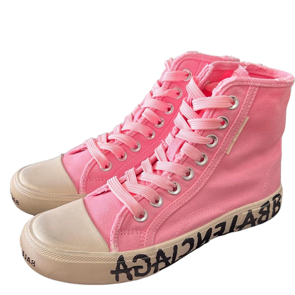 Balenciaga Pink High-Top Canvas Sneakers with Brand Logo Sole for Luxury Street Style