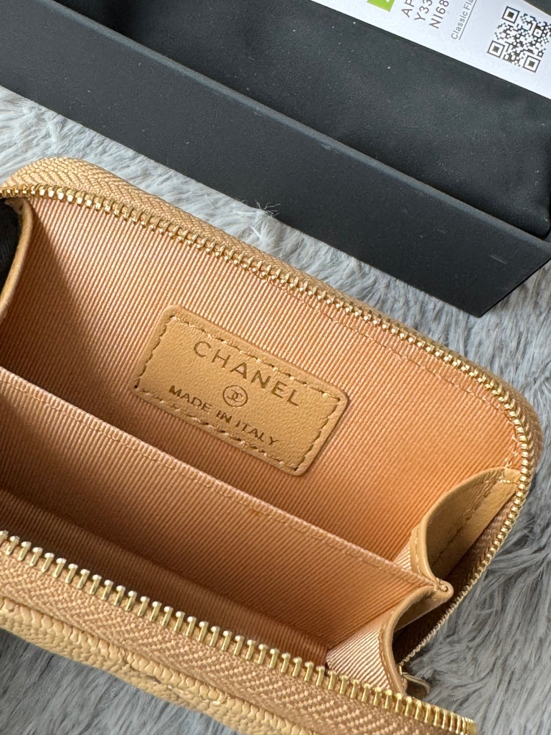 Chanel Beige Caviar Quilted Leather Small Zip Wallet With Gold Tone CC Logo