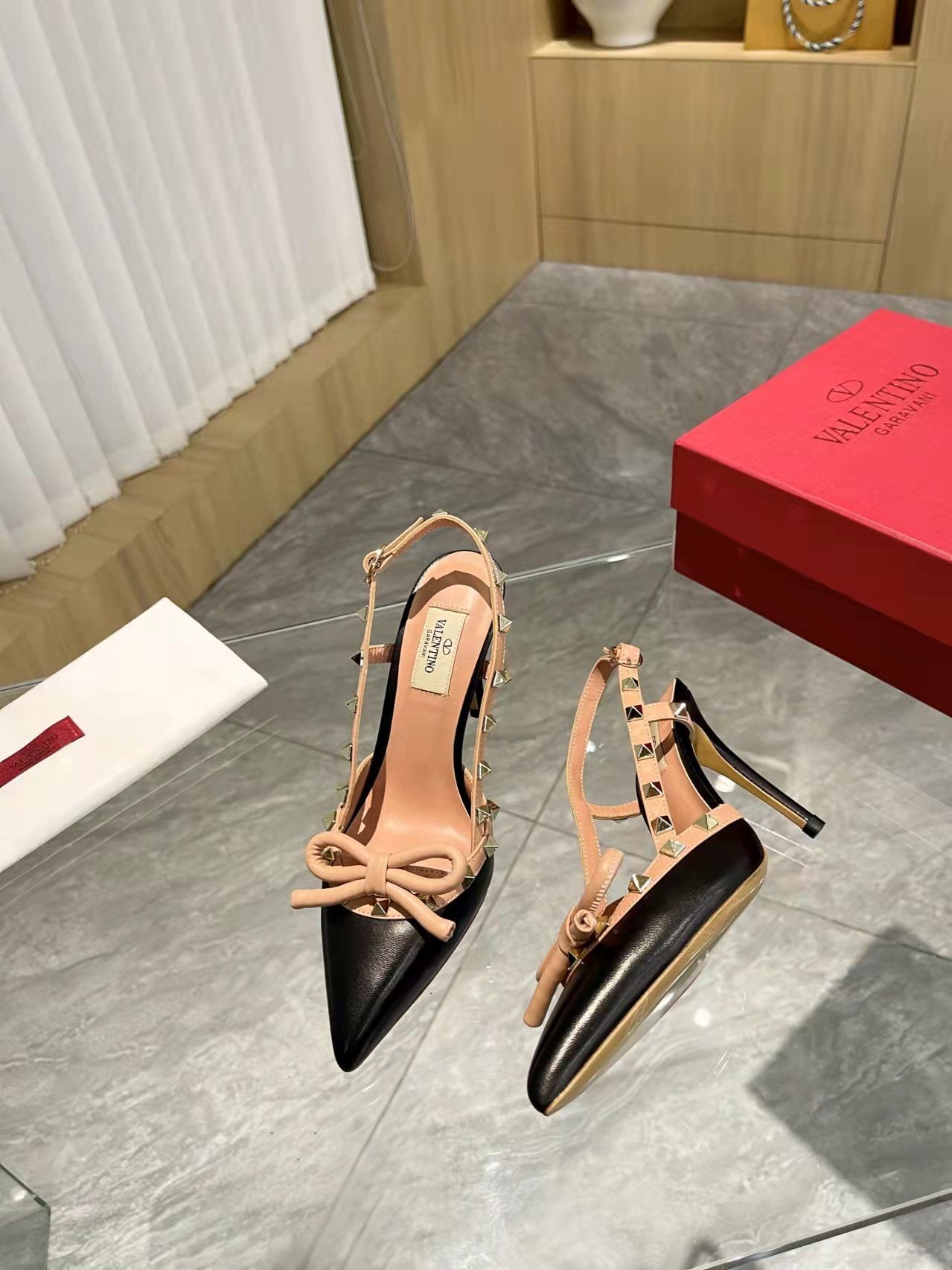 Valentino Women's Rockstud Bow Slingback Pumps Luxury Pointed Toe High Heels