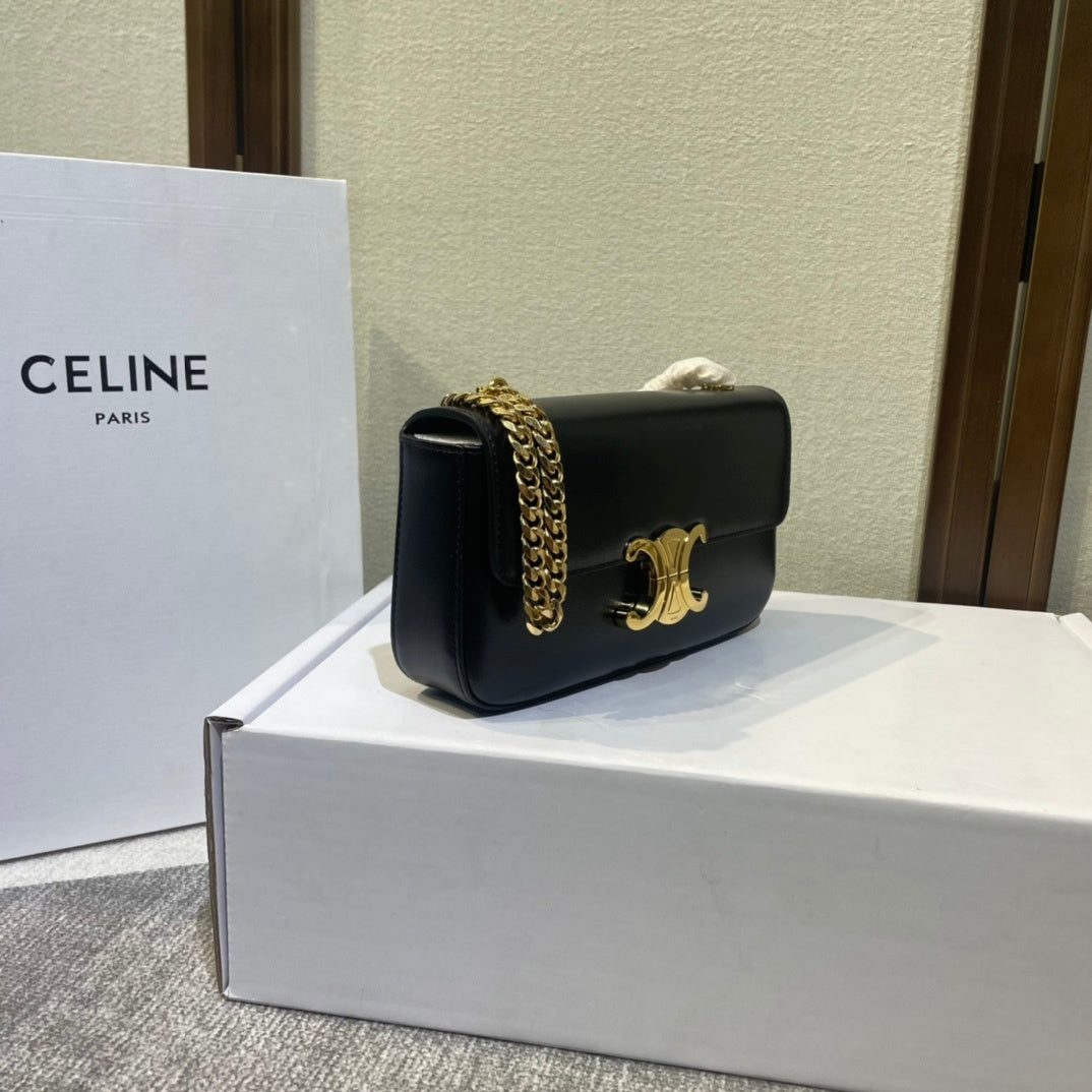 Celine Black Leather Crossbody Bag With Gold Chain And Triomphe Buckle 197993