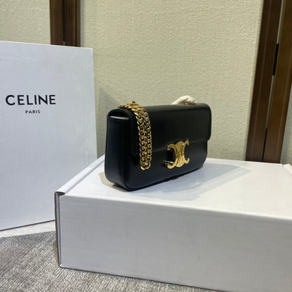 Celine Black Leather Crossbody Bag With Gold Chain And Triomphe Buckle 197993