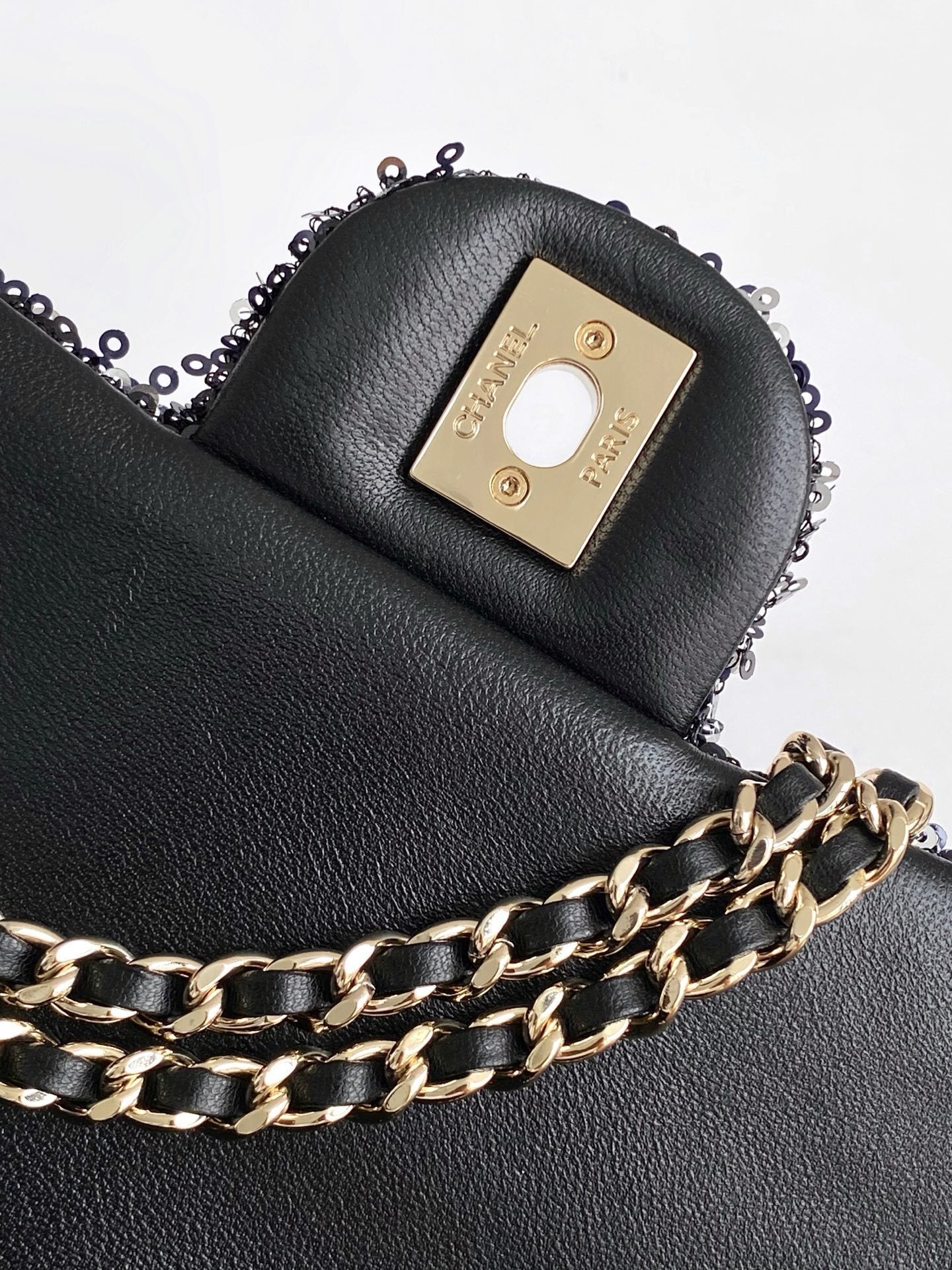 Chanel Black Sequin - Embellished Handbag With Gold CC Logo And Chain Strap AS4561