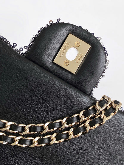 Chanel Black Sequin - Embellished Handbag With Gold CC Logo And Chain Strap AS4561