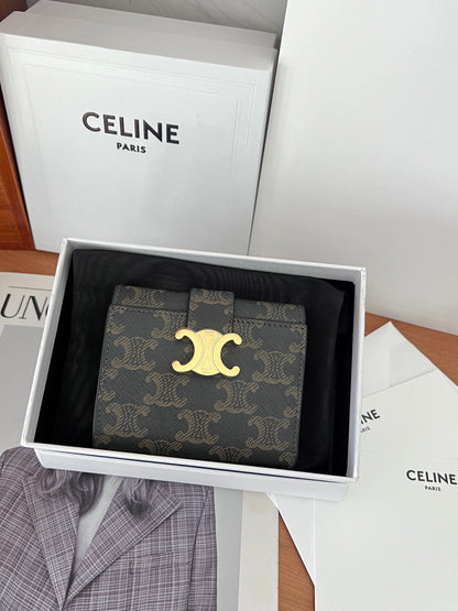 Celine VICTOIRE Triomphe Beige Leather Compact Wallet With Gold Hardware 100963