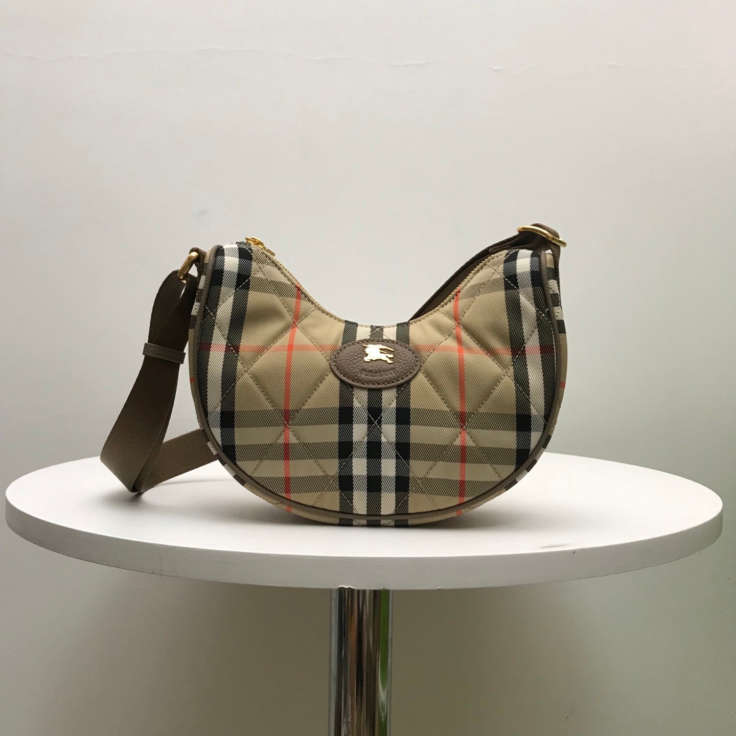 Stylish Black/Red Quilted Burberry Crescent Bag With Checkered Strap And Gold Logo Style No.235