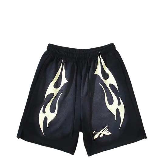 Hellstar Men's Black Drawstring Shorts with Cream Flame Graphics