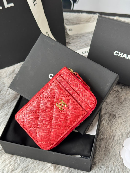 Chanel Beige Caviar Quilted Leather Small Zip Wallet With Gold Tone CC Logo
