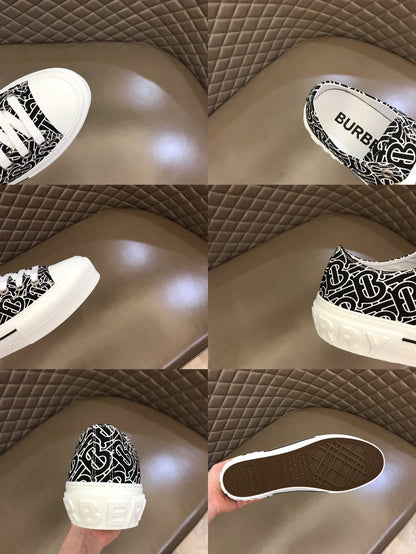 Burberry Unisex Black White Monogram Canvas Sneakers Fashionable Versatile Footwear For Men And Women With Signature Logo Design
