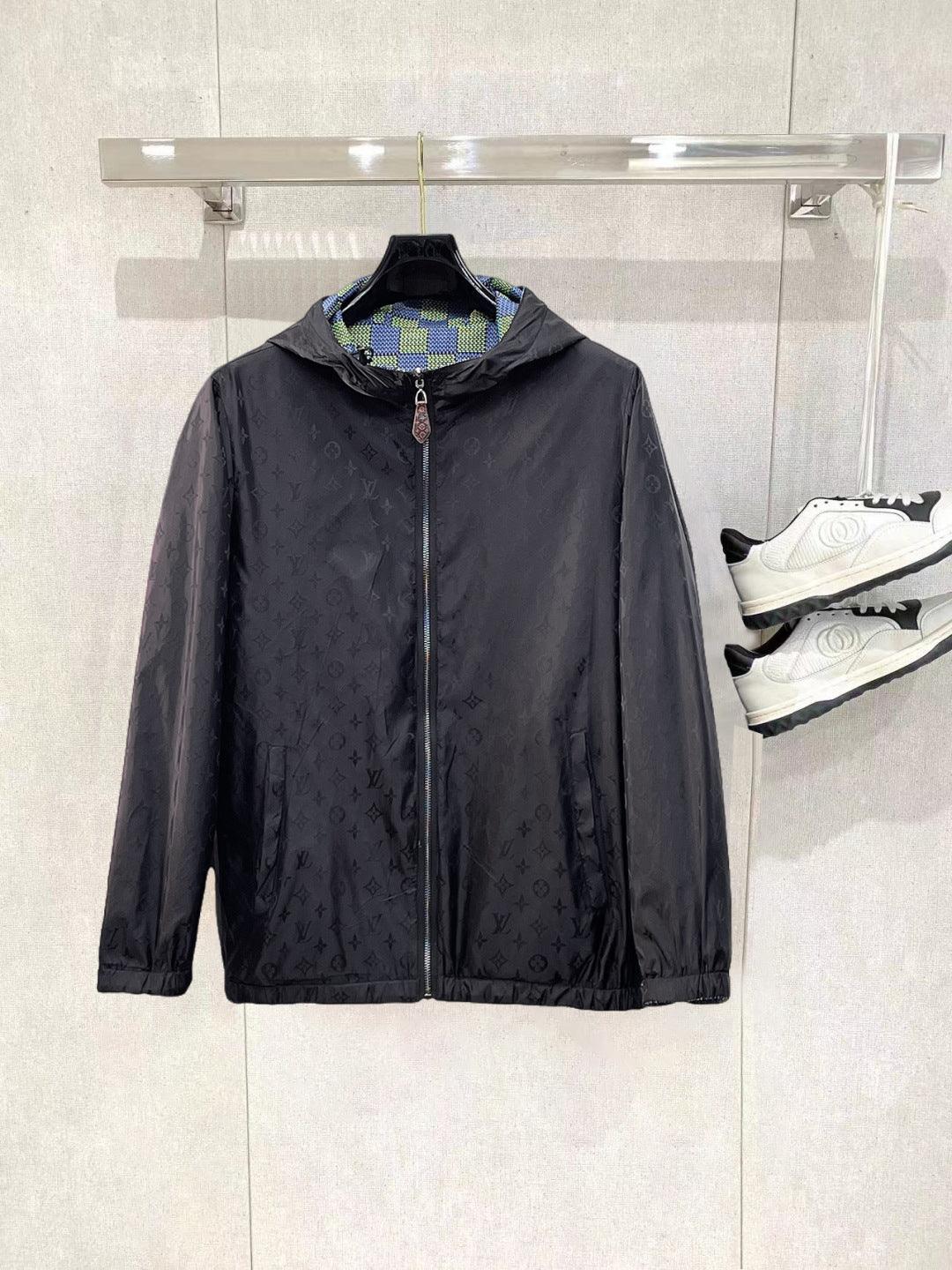 Louis Vuitton Men's Checkered Hooded Zip-Up Jacket with Signature Details