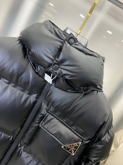 Black Prada Hooded Puffer Jacket With Logo Pocket