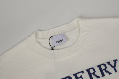 Burberry Men's White Crew Neck Sweater With Equestrian Design