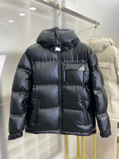Black Prada Hooded Puffer Jacket With Logo Pocket