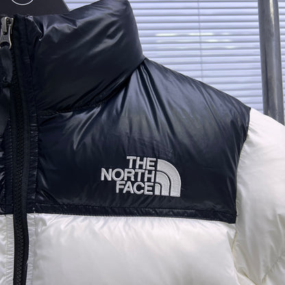 The North Face Black And White Color Block Cropped Nuptse Puffer Jacket